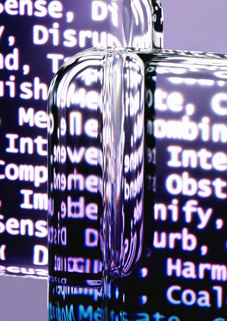 Nahaufnahme eines verzerrten Textes, der sich auf transparenten, abgerundeten Glasformen spiegelt. Die durcheinandergewürfelten Wörter, darunter „Disrupt“, „Intent“ und „Full-Service“, sorgen für Spannung. Ein sanfter violetter Farbverlauf im Hintergrund verstärkt den futuristischen, abstrakten Eindruck dieses faszinierenden Bildes.