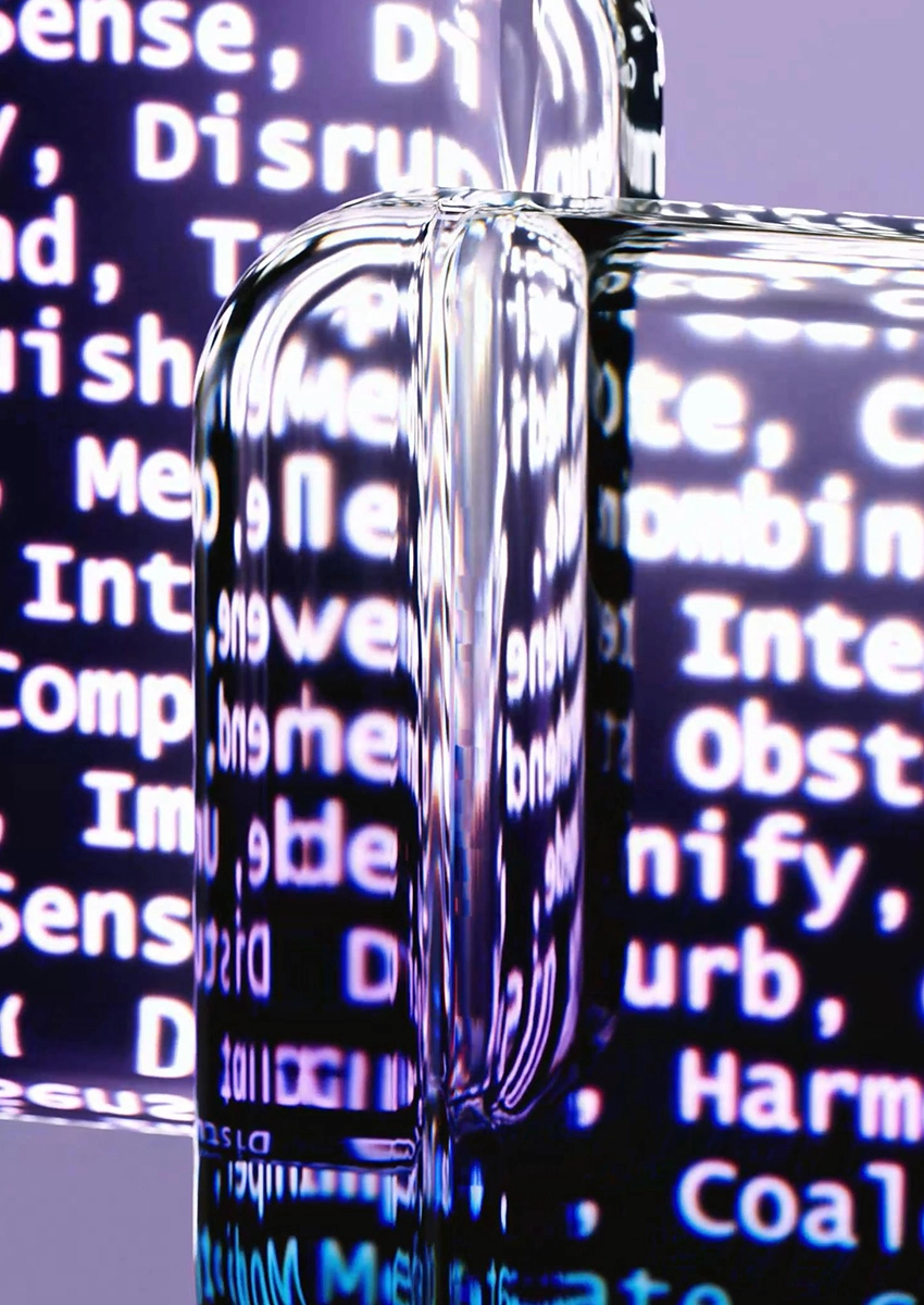 Nahaufnahme eines verzerrten Textes, der sich auf transparenten, abgerundeten Glasformen spiegelt. Die durcheinandergewürfelten Wörter, darunter „Disrupt“, „Intent“ und „Full-Service“, sorgen für Spannung. Ein sanfter violetter Farbverlauf im Hintergrund verstärkt den futuristischen, abstrakten Eindruck dieses faszinierenden Bildes.