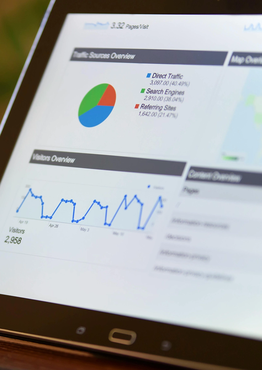 Ein vollwertiges Tablet zeigt ein Analyse-Dashboard mit einem Kreisdiagramm, das die Traffic-Quellen (direkt, Suchmaschinen und verweisende Websites) detailliert darstellt, sowie einem Liniendiagramm, das die Besucherdaten über Monate hinweg zeigt. Oben steht „Besucher: 2.958“ und „3,32 Seiten/Besuch“.