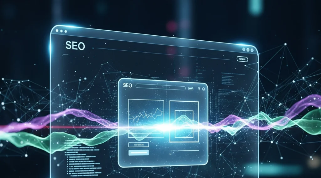Eine futuristische digitale Grafik, die ein transparentes Browserfenster mit der Aufschrift SEO zeigt, mit Diagrammen und Webseiten-Elementen. Bunte Datenwellen und leuchtende Linien verbinden sich im Hintergrund und heben fortschrittliche SEO-Konzepte und schönes Website-Design hervor.